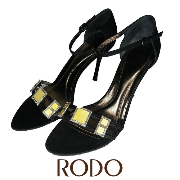 Rodo Shoes - Rodo Black Jeweled Strappy Satin Heels Size 10
